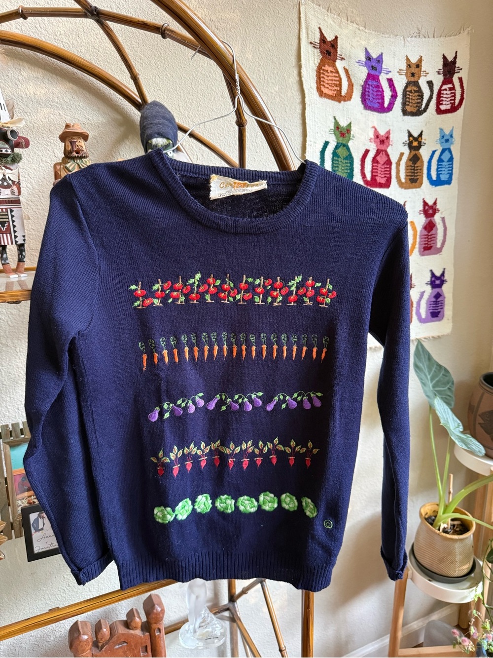 Shirlee Designs Navy Crewneck Sweater with Colorful Vegetable Embroidery